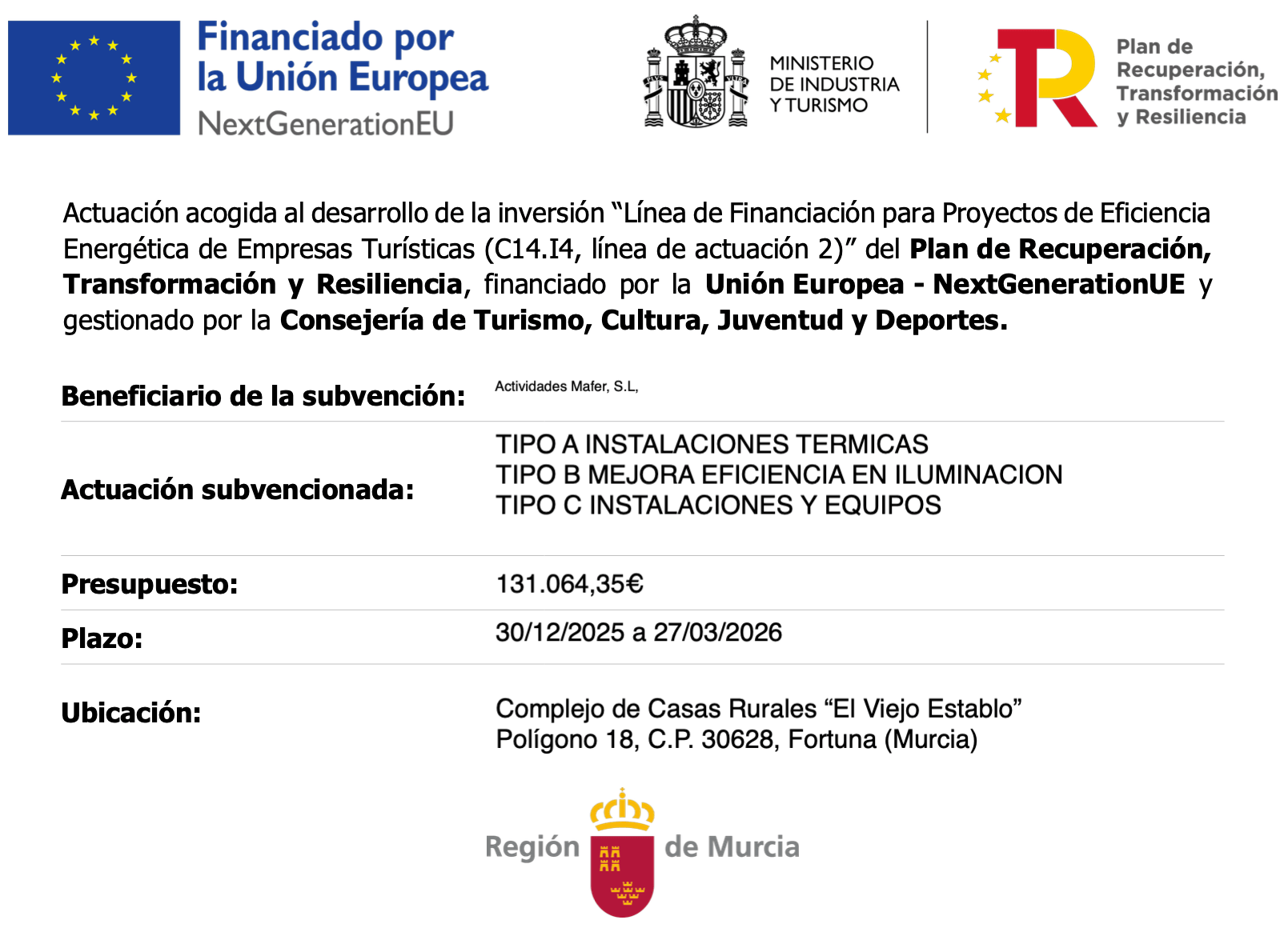 Cartel informativo de subvención El Viejo Establo